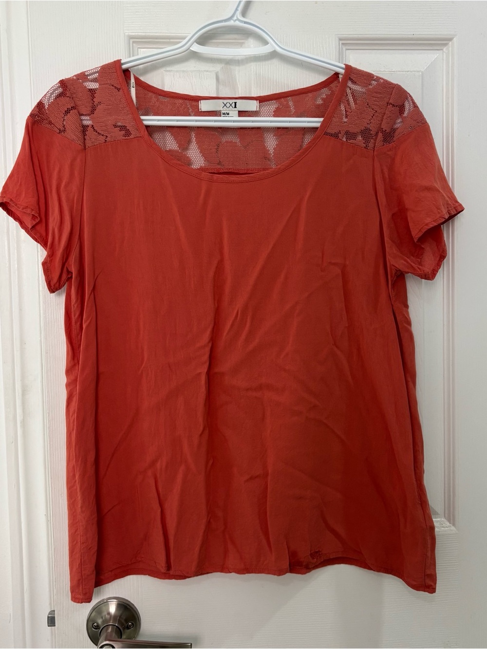 Coral Red Lace Yoke Short Sleeve Top